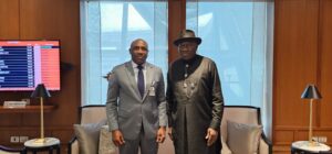 L-R: Nigeria's Ambassador to Thailand, Amb Oma Djebah and former President Goodluck Jonathan at the Executive VIP Lounge of the Suvarnabhumi International Airport, Bangkok as the former President transits to Cambodia as Head of the election Observation Mission to Cambodia...yesterday