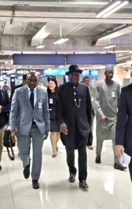 L-R: Nigeria's Ambassador to Thailand, Amb Oma Djebah and former President Goodluck Jonathan at the Executive VIP Lounge of the Suvarnabhumi International Airport, Bangkok as the former President transits to Cambodia as Head of the election Observation Mission to Cambodia...yesterday